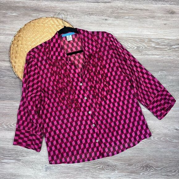 Johnny was 100% silk geometric cube print blouse‎ art to wear - Picture 1 of 5